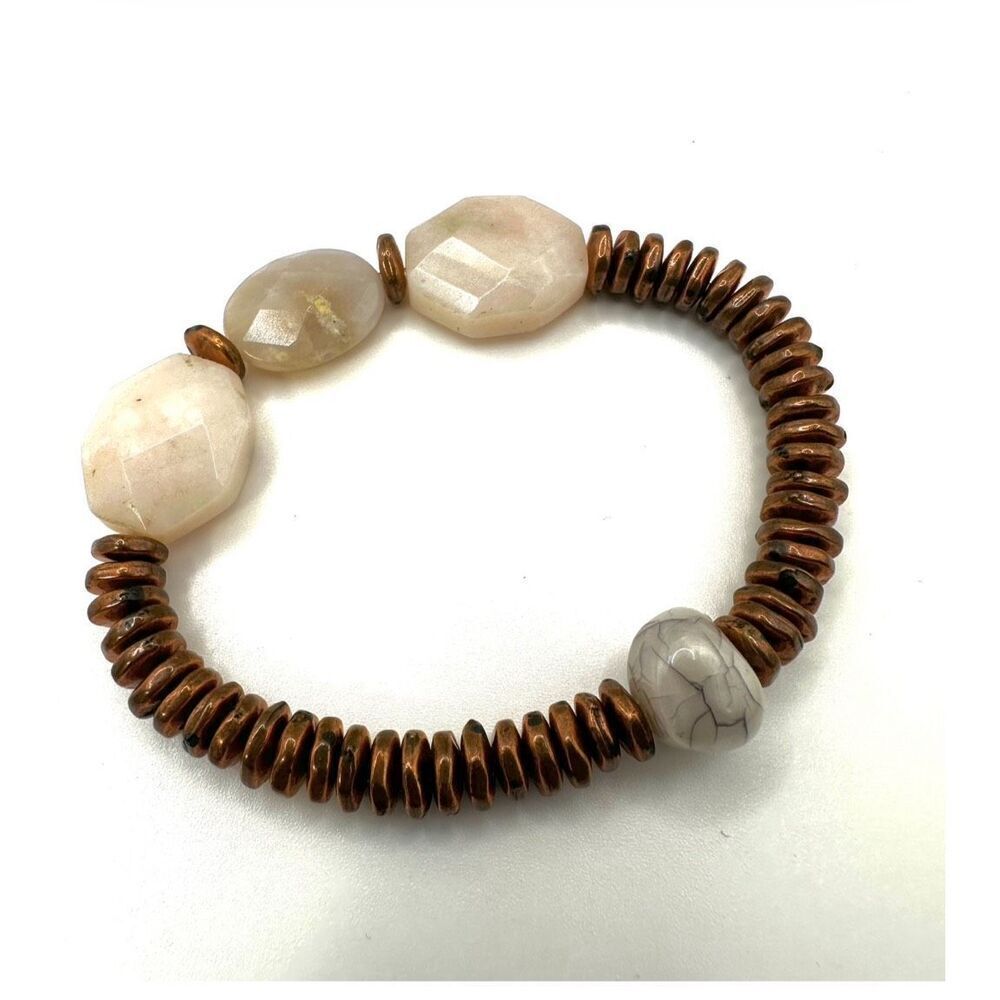 Rose quartz agate and copper disc beaded stretchy bracelet